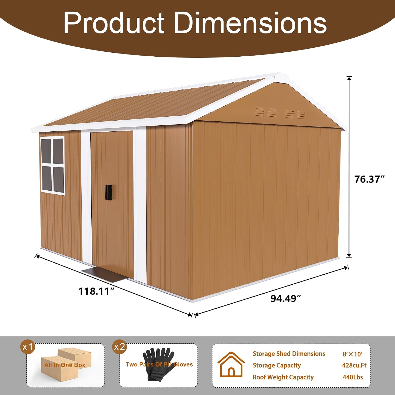 10x8 FT Outdoor Steel Storage Shed with Clear Windows, Sliding Lockable Door & Ventilation, Brown and White Weather-Resistant Metal Tool Shed for Garden, Backyard, Lawn, and Utility Storage