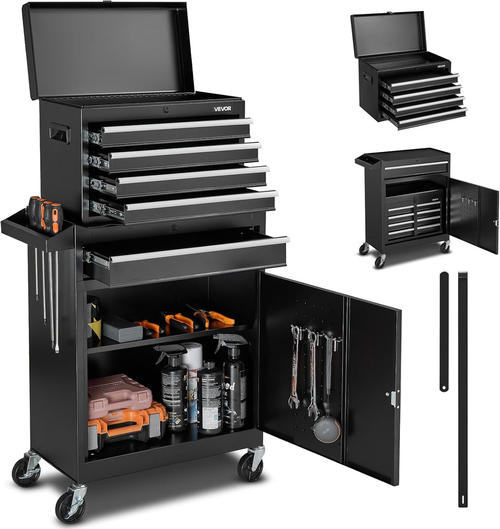 VEVOR Rolling Tool Chest, 2-in-1 Design, 5 Drawers Tool Cabinet Organizer with Detachable Top Metal Toolbox, Lock Bar, Protective Liner, and Tools Rack, Garage Storage Cabinet for Warehouse, Workshop