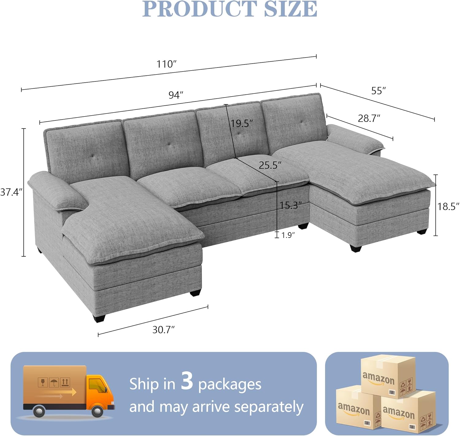 U Shaped Sectional Couches for Living Room,110' Modern Big Sofa Couch with Double Chaise,4 Seat Modular Sofa Couches with Thick Cushion & Soft Backrest