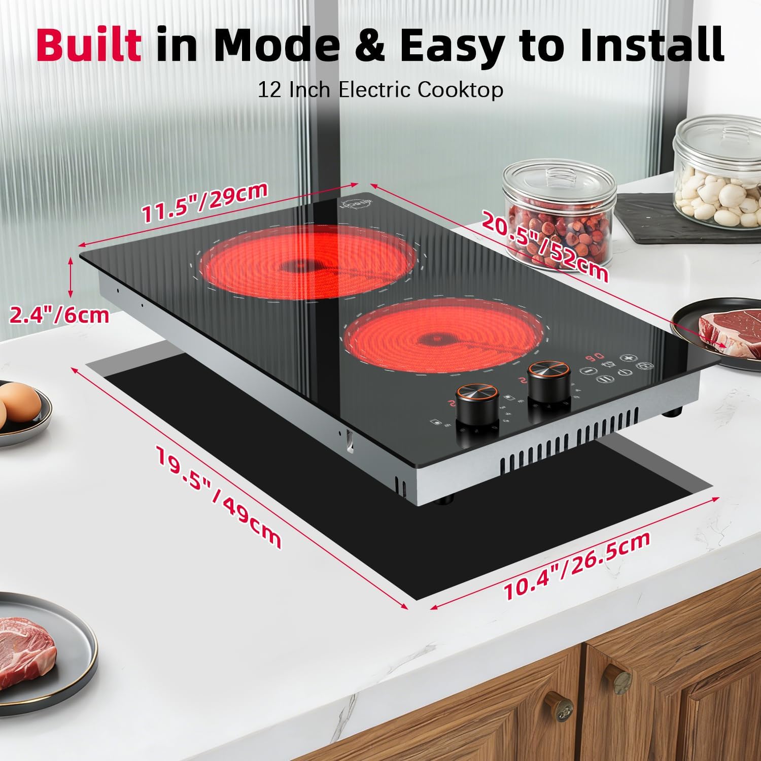 2 Burner Electric Cooktop 110v Hobsir, 2000W Electric Stove Top Burner 12 Inch, 9 Power Levels, Knob & Touch Control, Plug in Cooktop 120v, 99 Mins Timer, Safety Lock, Automatic shutdown