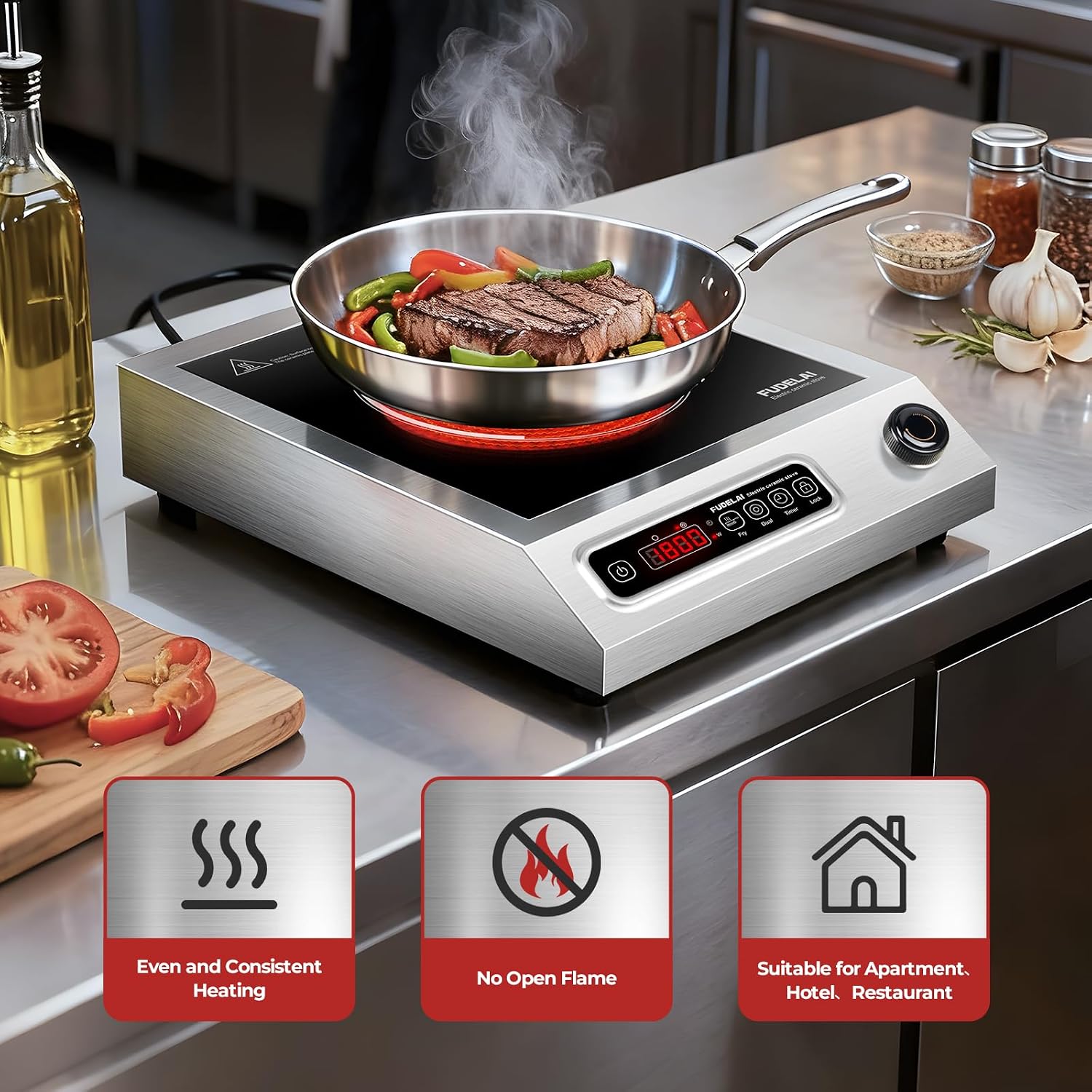 1800W Commercial Grade Induction Cooktop with 9 Power Levels - Infrared Electric Burner with EUROKERA Micro-Ceramic Panel, Timer, Safety Lock, for Restaurant, Home Kitchen Use
