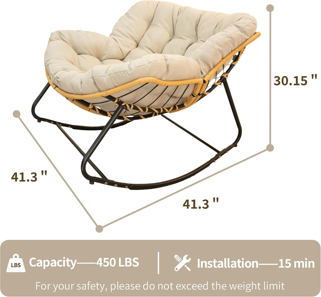Outdoor Rocking Chair, Patio Egg Rocking Chair, Indoor Papasan Chair, Rattan Wicker Lounge Chair, Modern Royal Chair for Bedroom, Living Room, Porch, Garden,Lawn (41.3' Beige)