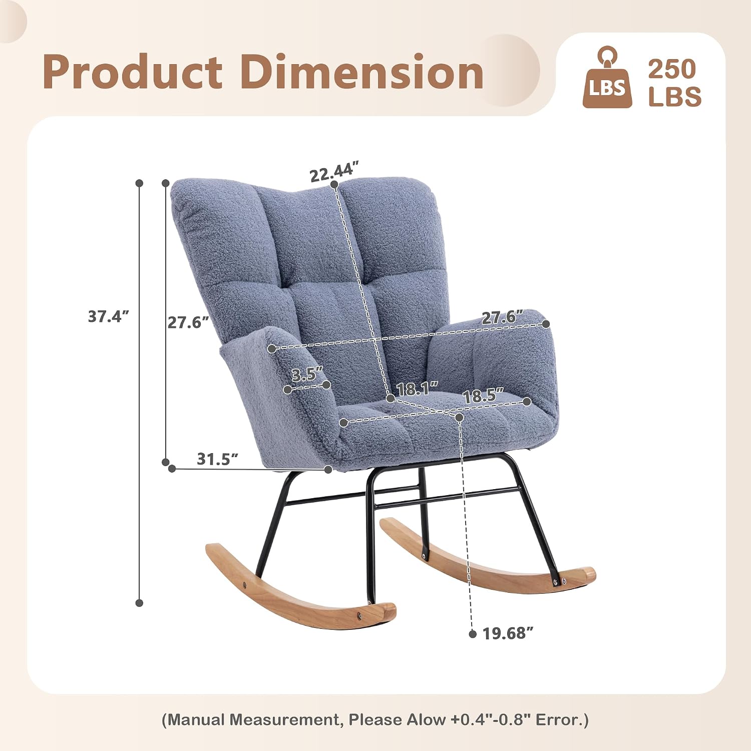 Setawix Teddy Rocking Chair with High Back,Leisure Rocking Armchair for Nursery,Mid Century Modern Rocker Glider Arm Chair for Living Room,Tufted with Solid Wood Legs (Light Blue, 27.6')