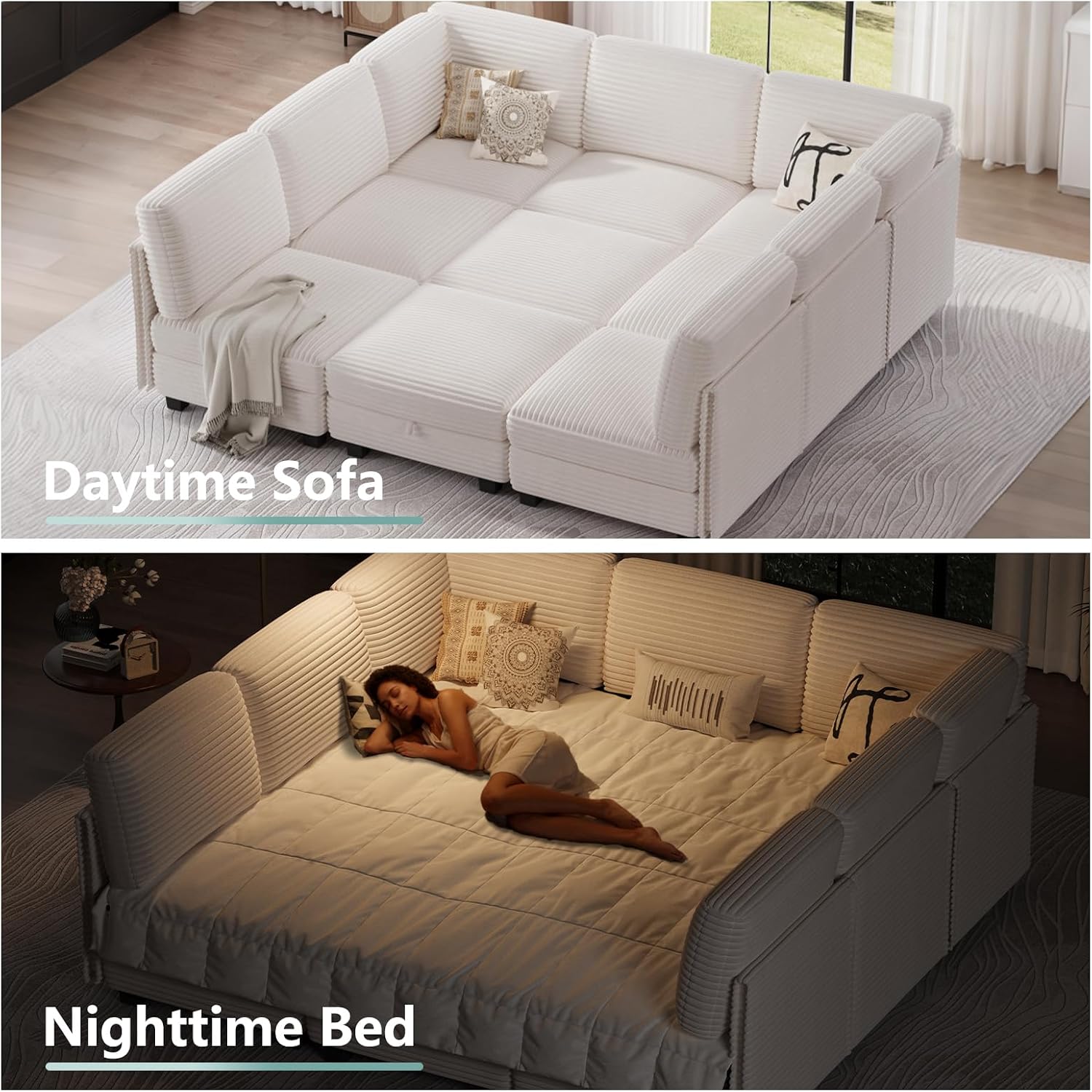 Modular Sectional Sofa with Adjustable Backrest, Large Convertible L/U-Shaped Sleeper Couch for Living Room, Cloud Sofa Bed Modern Reversible Design, Beige