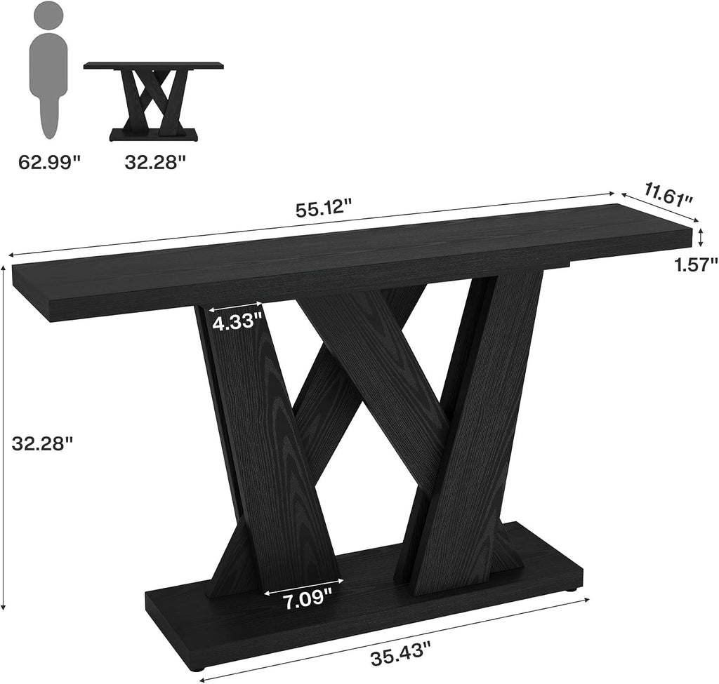 Tribesigns 55-Inch Farmhouse Console Table, Farmhouse Behind The Couch Table TV Stand with Geometric Base, Skinny Sofa Table Entryway Table for Entrance, Living Room, Hallway, Foyer, Black