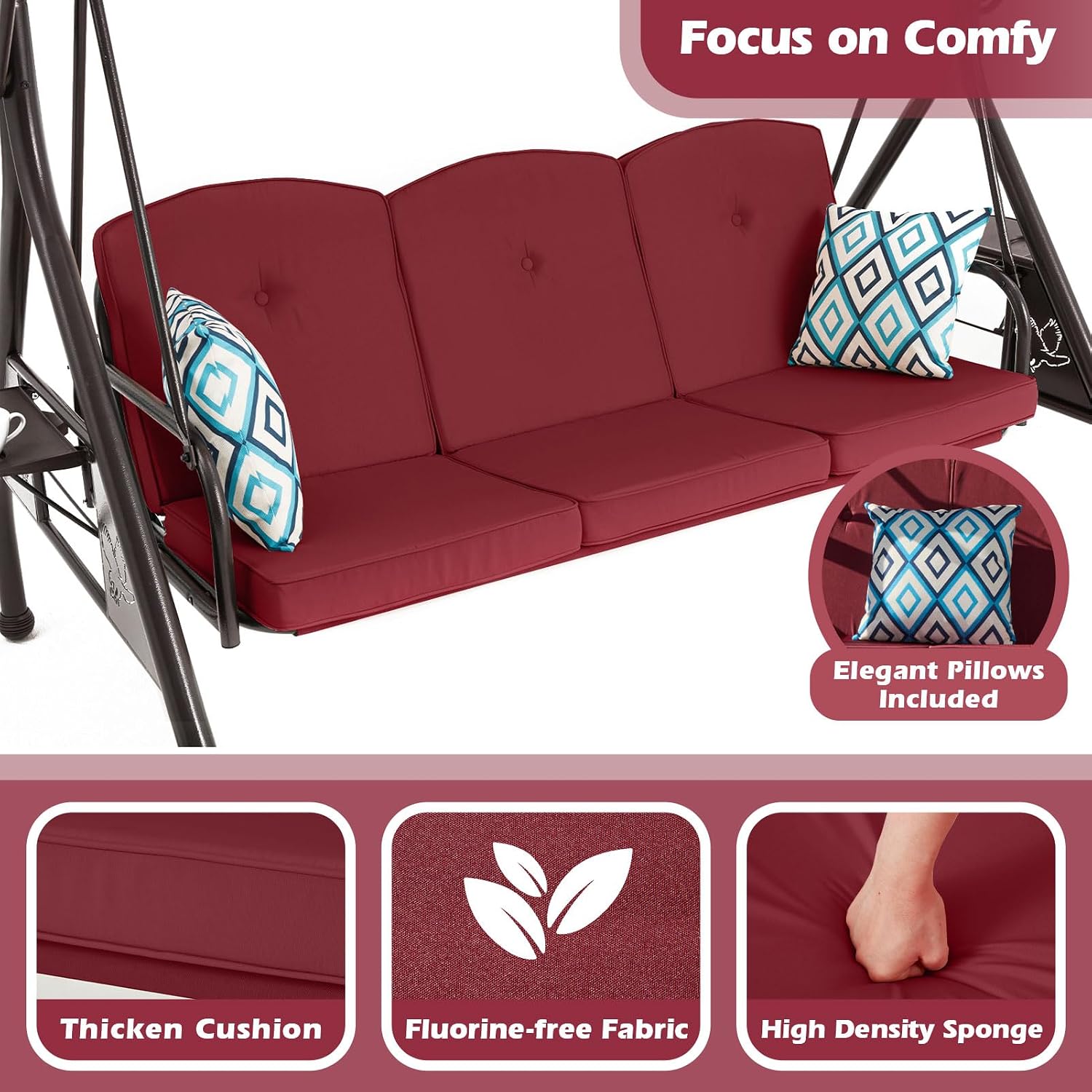 ZZW 800LBS Patio Swing with Canopy 3 Seat Outdoor Porch Swing with Stand w/Cup Holder & Pillow Glider Chair Swing Bed for Patio Backyard Poolside (Red)