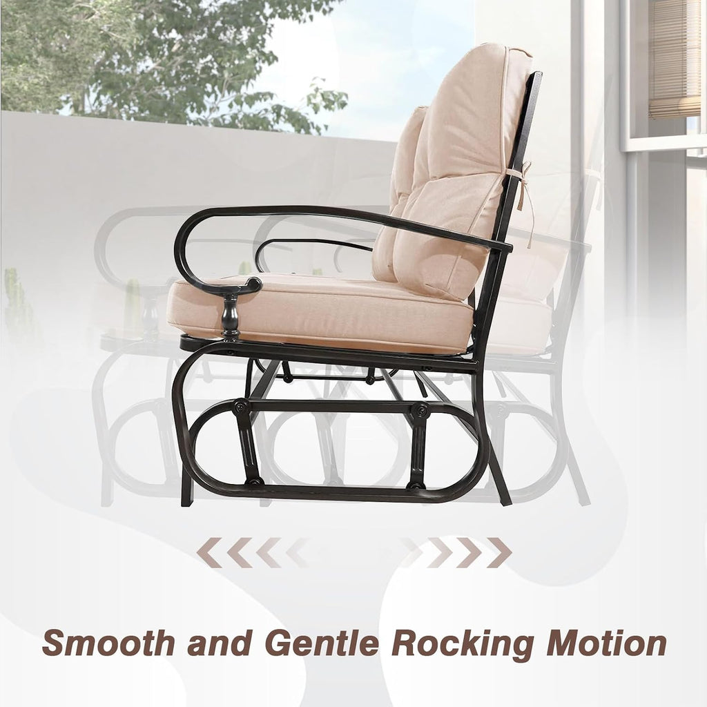 Outdoor Glider Rocking Bench 2 Person Patio Loveseat Steel Frame Furniture Set for Patio, Garden, Yard, Porch with Resistant Cushions (Brown)