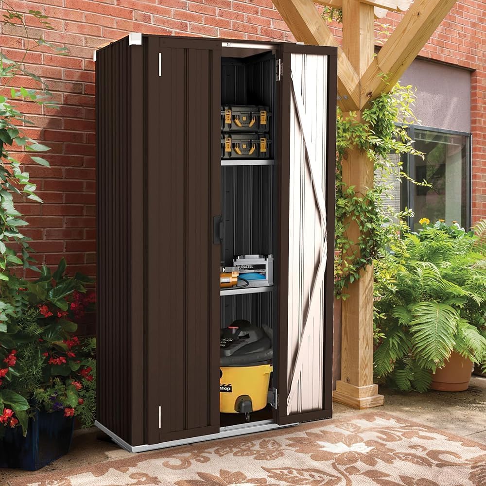 AECOJOY Outdoor Storage Cabinet Waterproof with Adjustable Shelves, Vertical Tall Garden Tool Cabinet, Sheds & Outdoor Storage Clearance Cabinet Weatherproof for Outside or Indoor in Brown