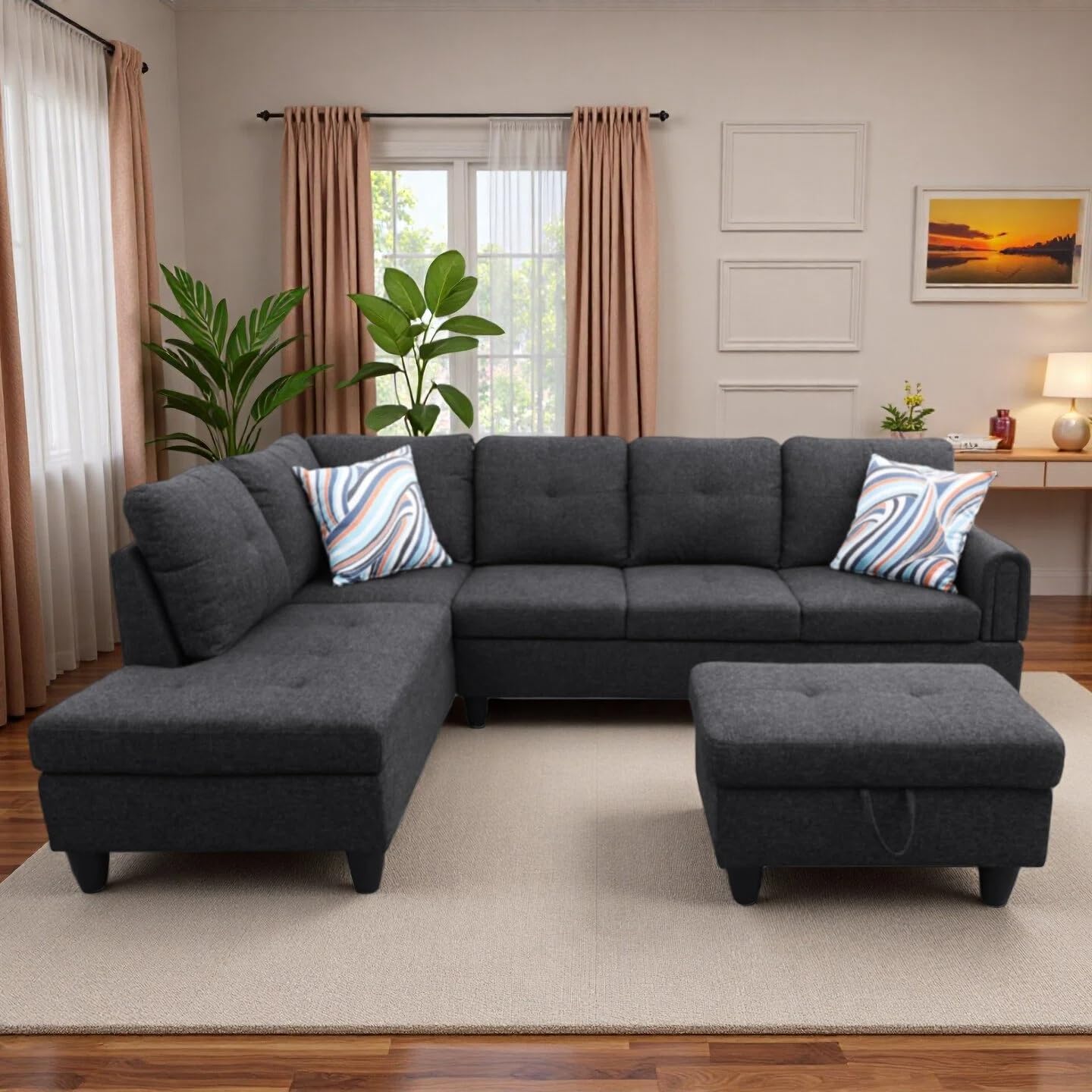 L-Shaped Sectional Sofa with Movable Chaise & Storage Ottoman, Lounge 3-Piece Modular Convertible Couches for Living Room, Apartment & Office, Blackish Gray