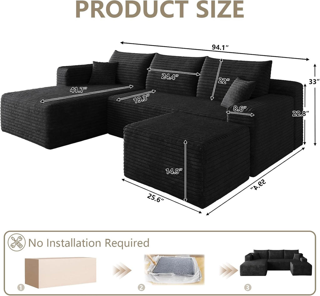 95' Cloud Sectional Couch with U-Shaped Chaise, Corduroy Sectional Sofa with Ottoman, Boneless Couch with Deep Seat for Living Room, No Assembly Required (Black, Left Facing Chaise)