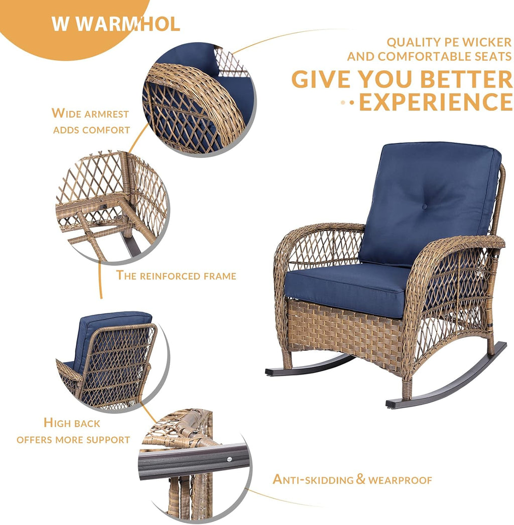 Outdoor Wicker Rocking Chair with Thickened Cushions, All-Weather Rattan Patio Rocking Chairs, Patio Wicker Rocker Chair for Backyard, Beige, Set of 2, Navy Blue