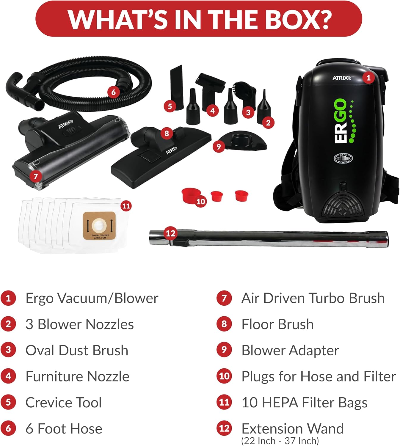 Atrix Ergo Backpack Canister Vacuum, Portable Cleaner with Attachments for Professional and Residential Use, VACBP10 Premium Bundle