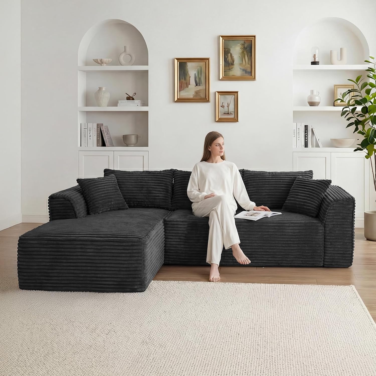 Vesgantti 106' Boneless Couch with Chaise, Deep Seat Comfy Cloud Modular Sofa Corduroy Memory Foam Sectional Couches for Living Room Bedroom, No Assembly Required (Grey, Left-Facing Chaise)