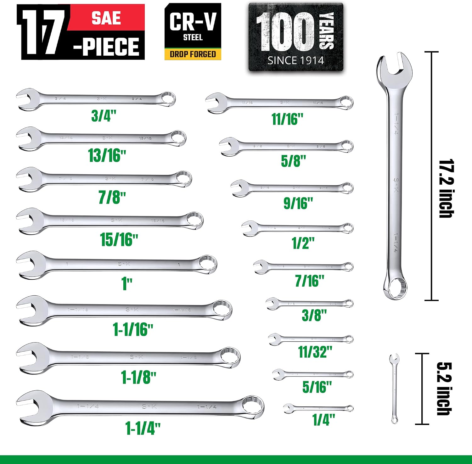 SK Combination Wrench Set, SAE 1/4' to 1-1/4', Metric 6 to 32mm, 42-Piece, SuperKrome Finish, Premium CR-V Construction, with Rolling Pouch