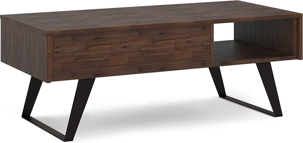 SIMPLIHOME Lowry Lift Top Coffee Table - 48 inch Wide Solid Acacia Wood and Metal Living Room Table in Distressed Charcoal Brown, Modern Industrial Cocktail Table with Hidden Storage and Open Shelf