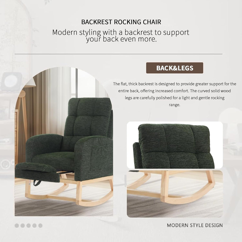 Rosevera Nursery Rocking Chair with Adjustable Footrest for Living Room - Teddy Fabric, Solid Wooden Legs, Comfortable Lounge Armchair with High Backrest and Side Pockets (Modern, Dark Green)