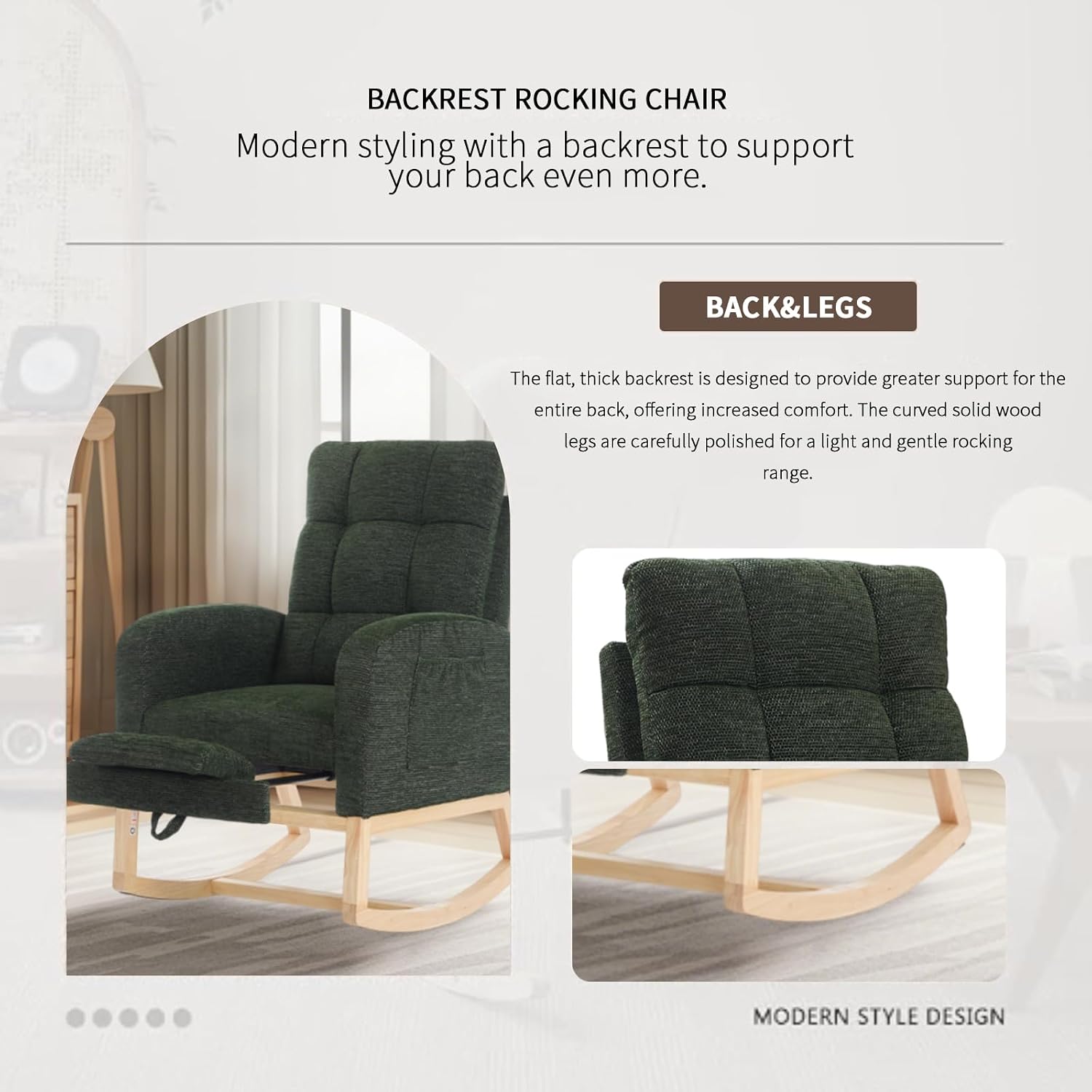 Rosevera Nursery Rocking Chair with Adjustable Footrest for Living Room - Teddy Fabric, Solid Wooden Legs, Comfortable Lounge Armchair with High Backrest and Side Pockets (Modern, Dark Green)