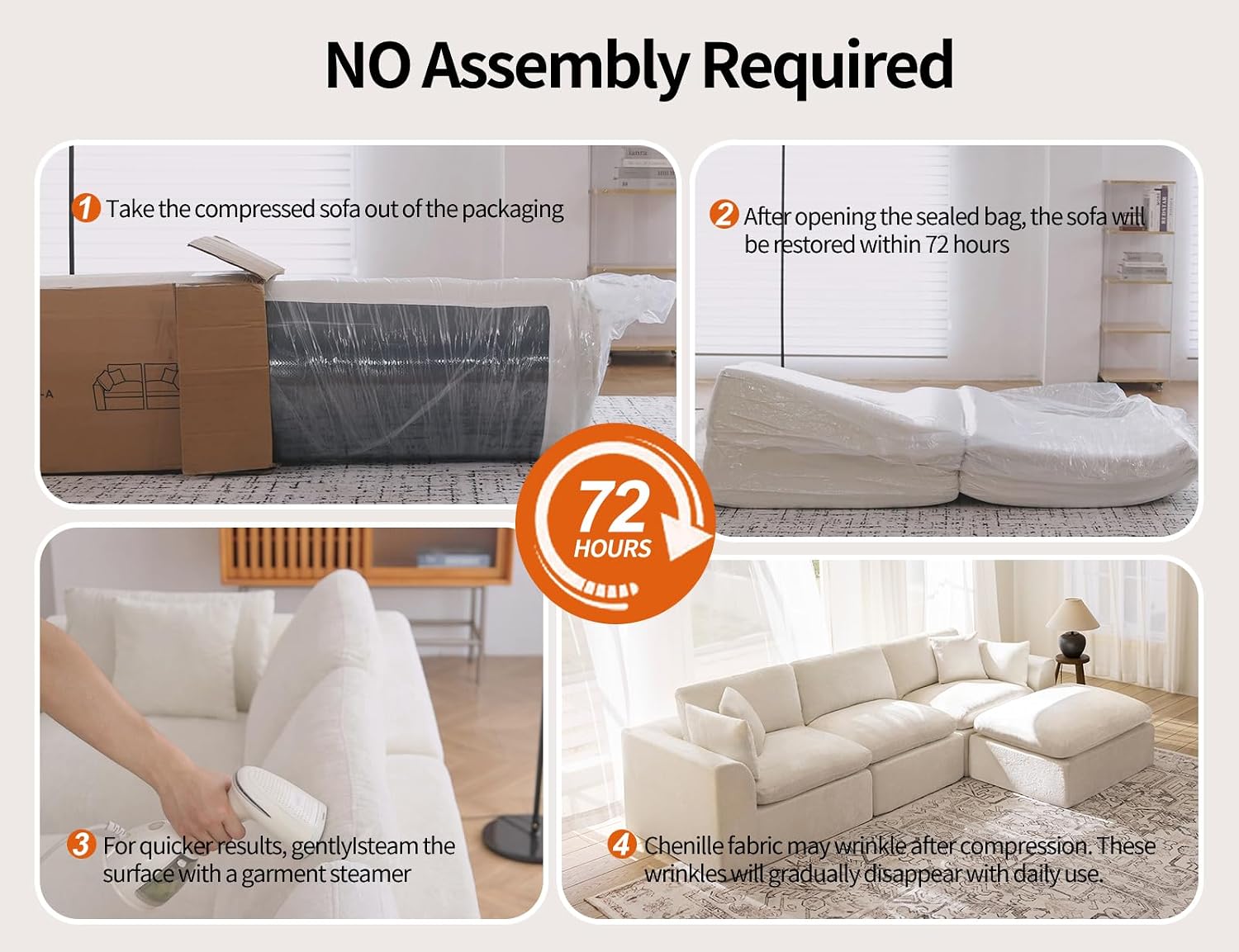 115' Modular Sectional Sofa, Modern Cloud Sectional Couch with Deep Seat, L-Shape Boneless Couch for Living Room,No Assembly Required,Warm White(3 Seater + 1 Ottoman)