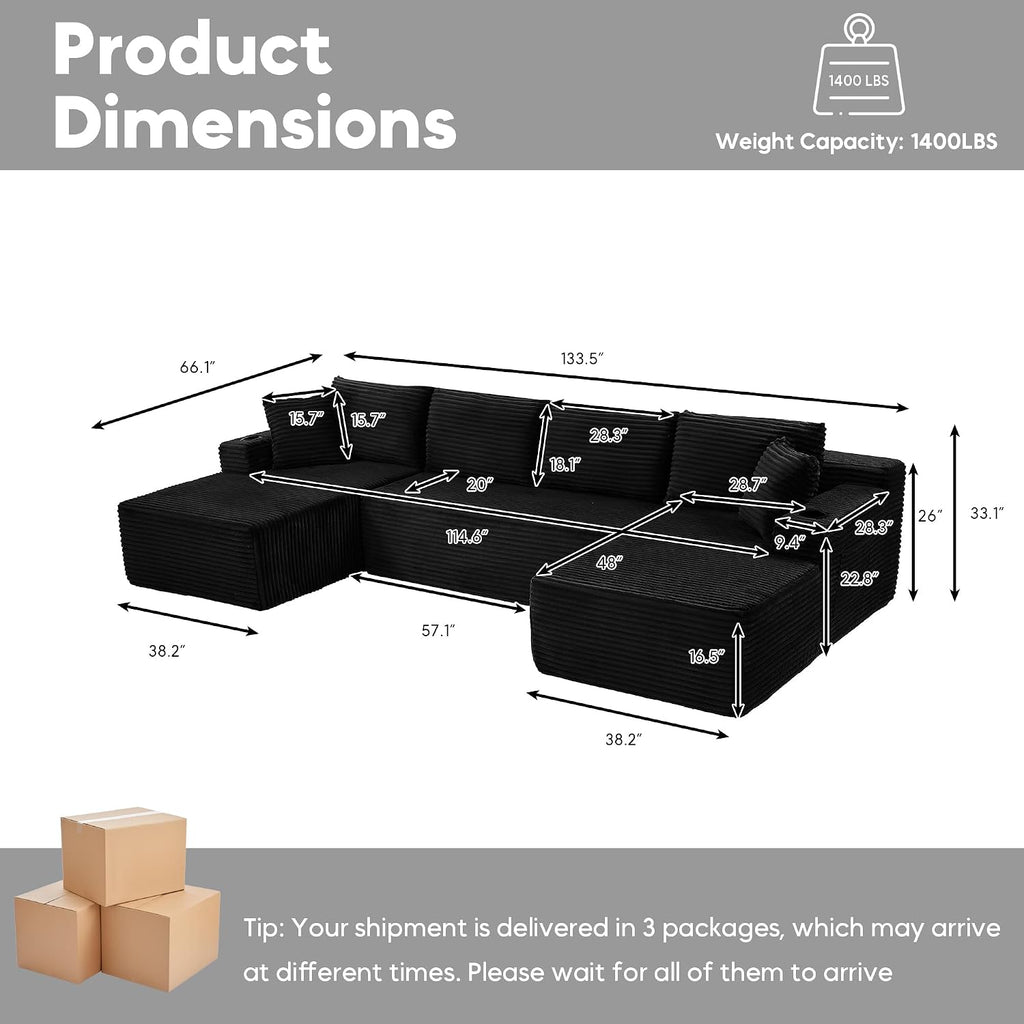 133' Oversized Cloud Boneless Couch with Chaise, Modern Modular Sofa with Deep Seat, Corduroy Upholstered U Shaped Couch for Living Room, No Assembly Required (Black)