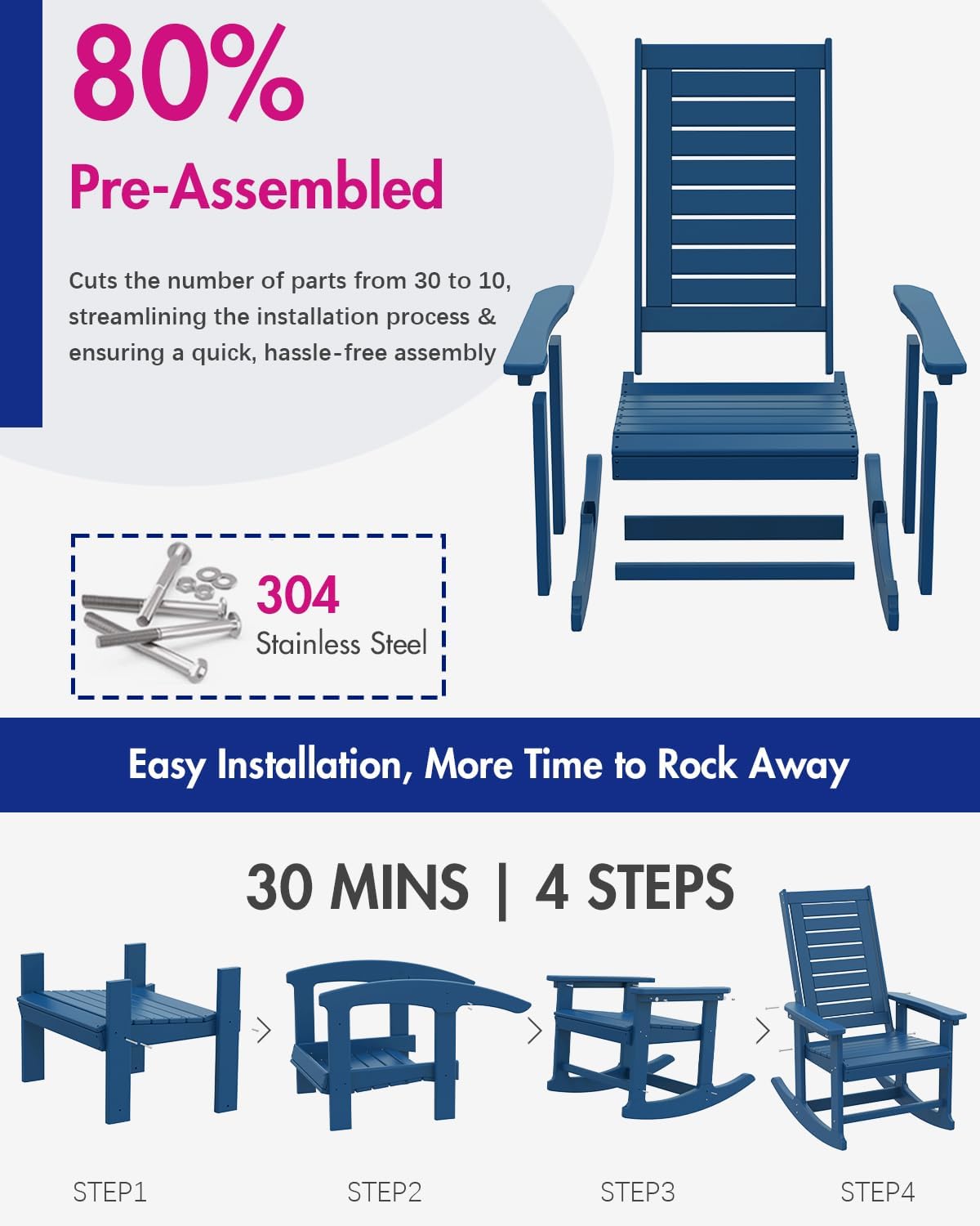 BRIOPAWS Outdoor Rocking Chairs | Set of 4 | Porch Rockers | HDPE Plastic| Blue | Oversized | Patio Rocker Chair | High Back | for Big Man | Weather Resistant | for Outside Deck Balcony Front Backyard
