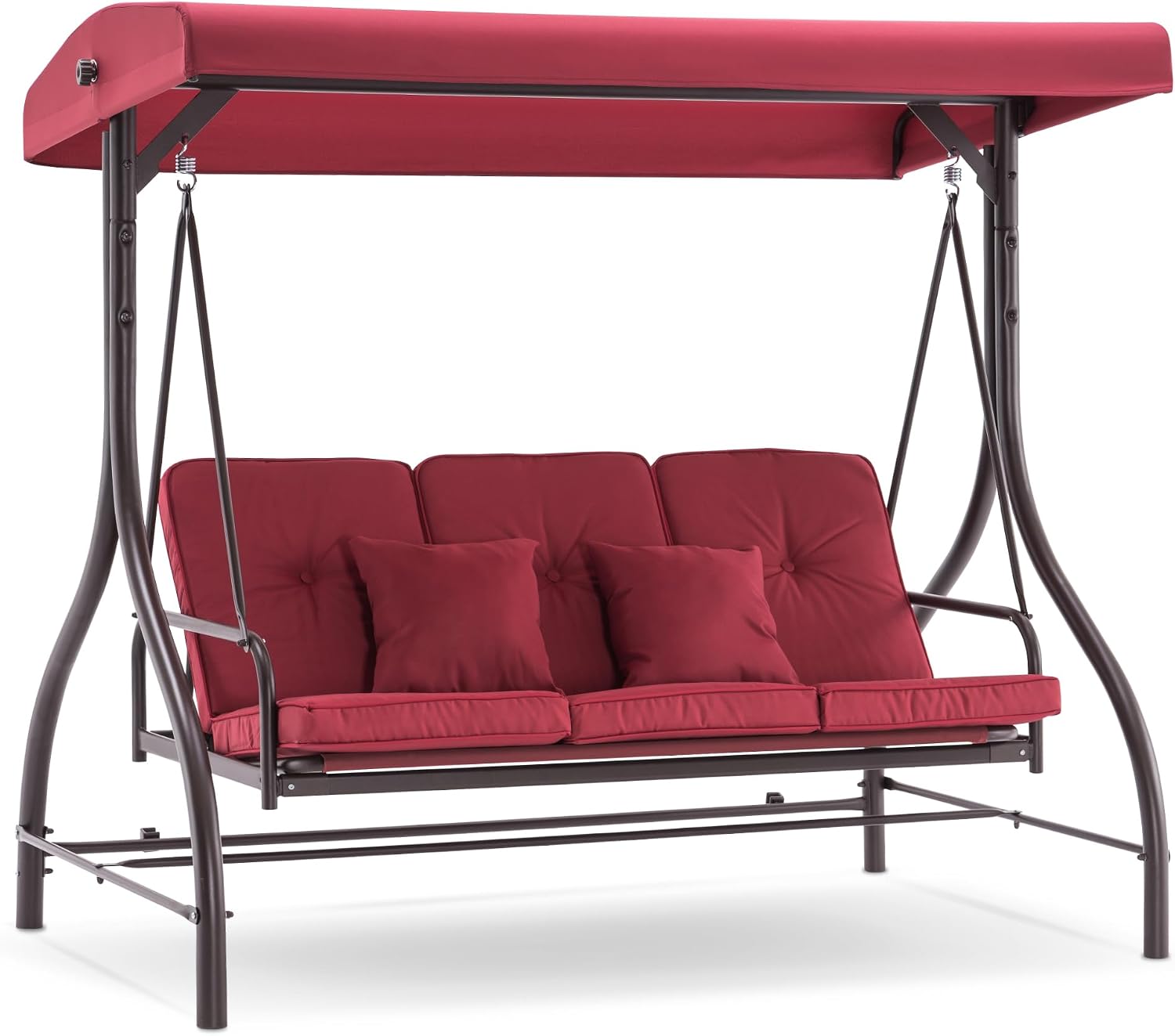 MCombo 3-Seat Outdoor Patio Swing Chair, 2-in-1 Convertible Porch Swing Glider Chair with Removable Cushions, Adjustable Canopy & Pillows for Backyard, Deck, Garden, 4068 (Burgundy)