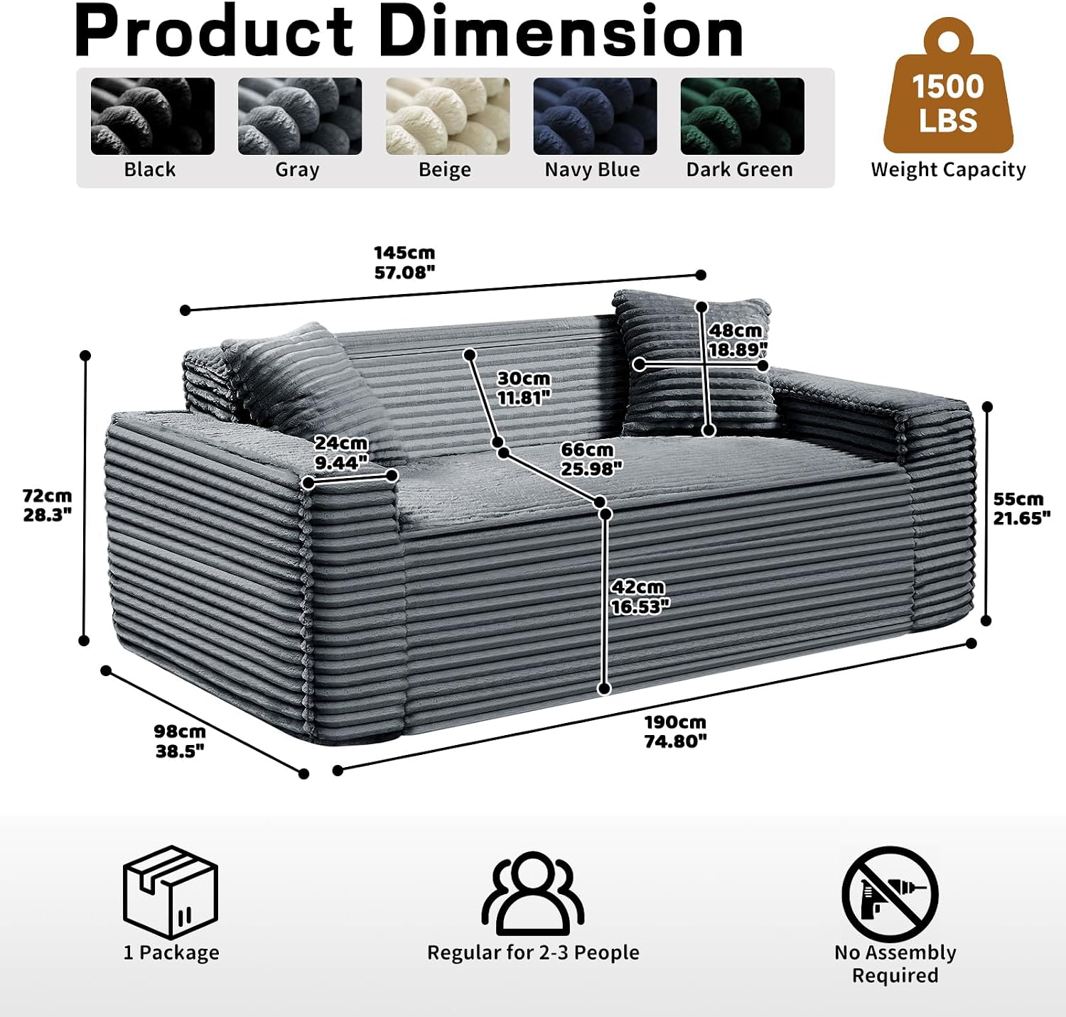 3 Seater Sofa Couch for Living Room (Gray, 38' D + 2 Pillows)