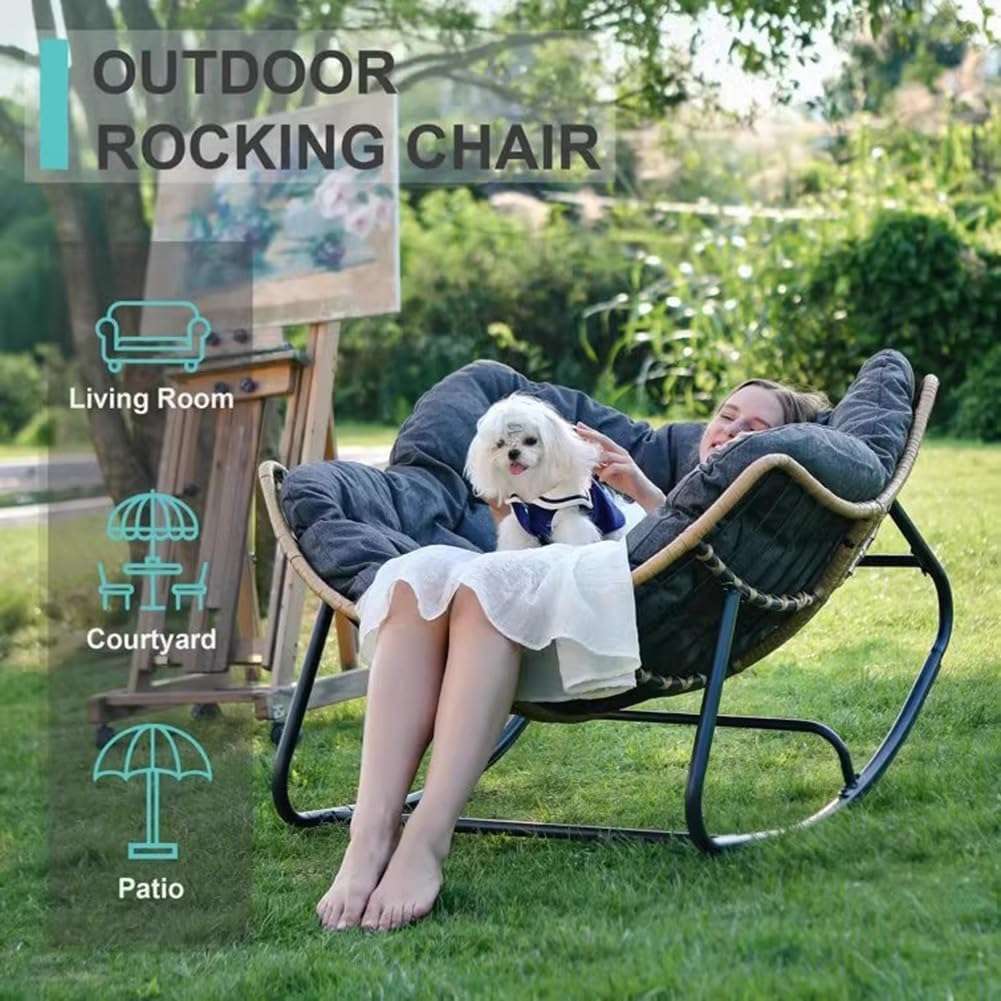 Etlegor Outdoor Patio Rocking Chair, Indoor Reading Chair with Cushion Rattan Wicker Lounge Chair for Living Room Front Porch Garden Balcony Lawn(Dark Grey)