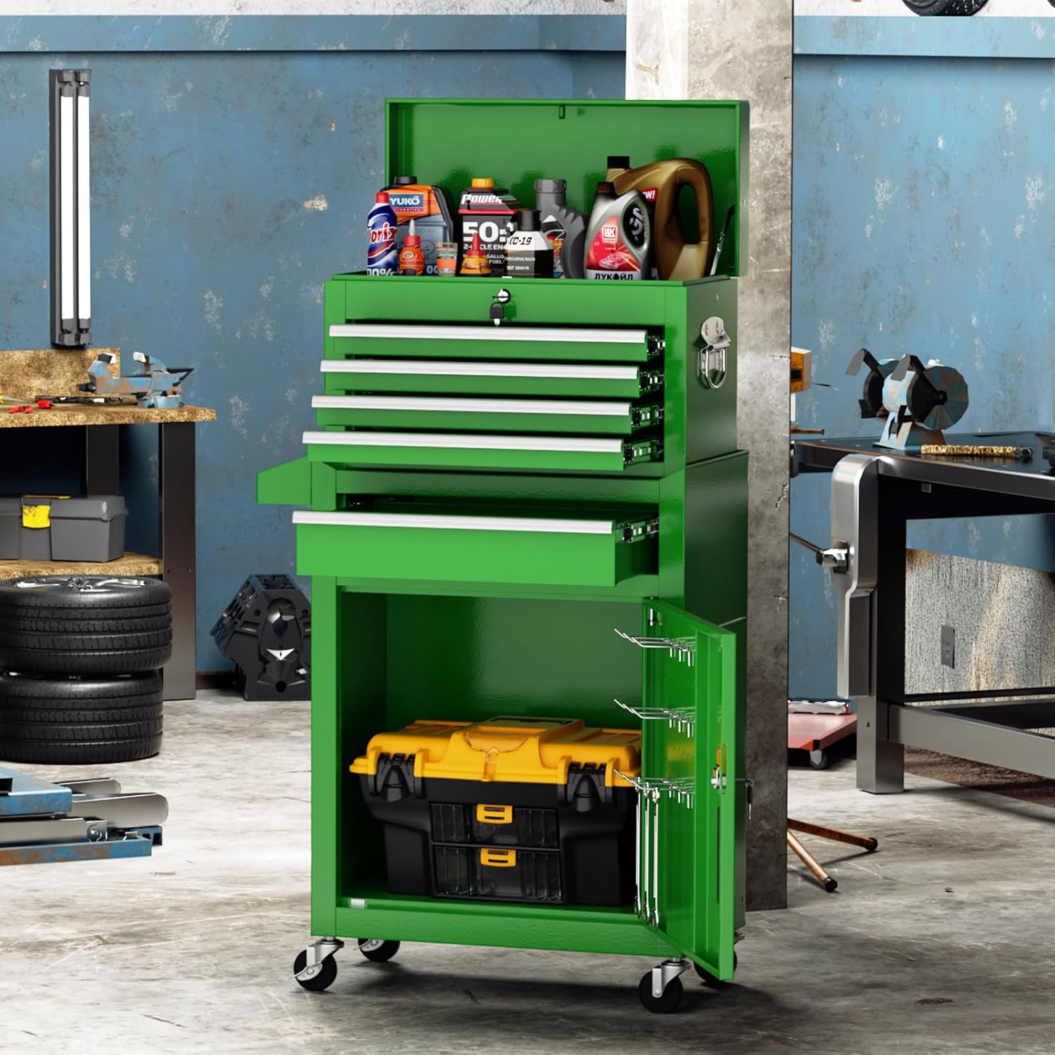 Crownland 5-Drawer Rolling Tool Chest with Wheels, Lockable 2 in 1 Detachable Tool Cabinet wit Drawers and Black Liners, Garage Top Toolbox & Bottom Storage Cart with Side Hooks(Green)