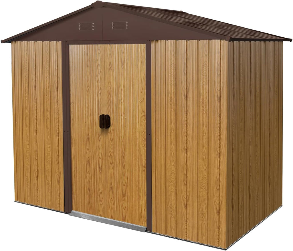 8 X 4 FT Outdoor Storage Shed Large Metal Utility Tool Sheds with Floor Frame Vertical Outside Storage Building with Sliding Door for Backyard Garden Patio Lawn, Coffee