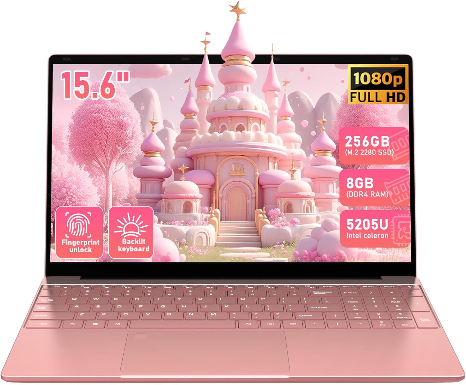 Student Laptop 15.6 Inch, Lightweight Notebook with 8GB RAM 256GB SSD, FHD IPS Display, Backlit Keyboard & Fingerprint Login, Rose Gold Portable Computer for School & Daily Use
