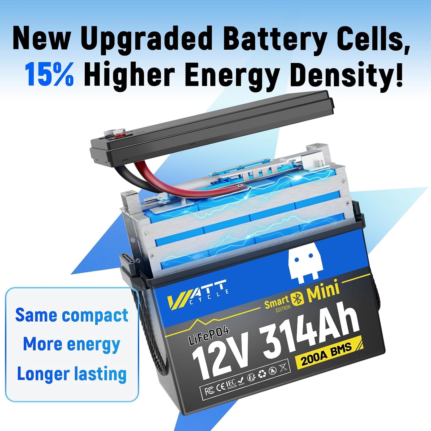 WattCycle 12V 314Ah Mini LiFePO4 Lithium Battery with Bluetooth 5.0, 200A BMS, 4.01kWh Energy, Low-Temp Protection, 10+ Years Lifespan, for RV, Marine, Camping, Solar Off-Grid