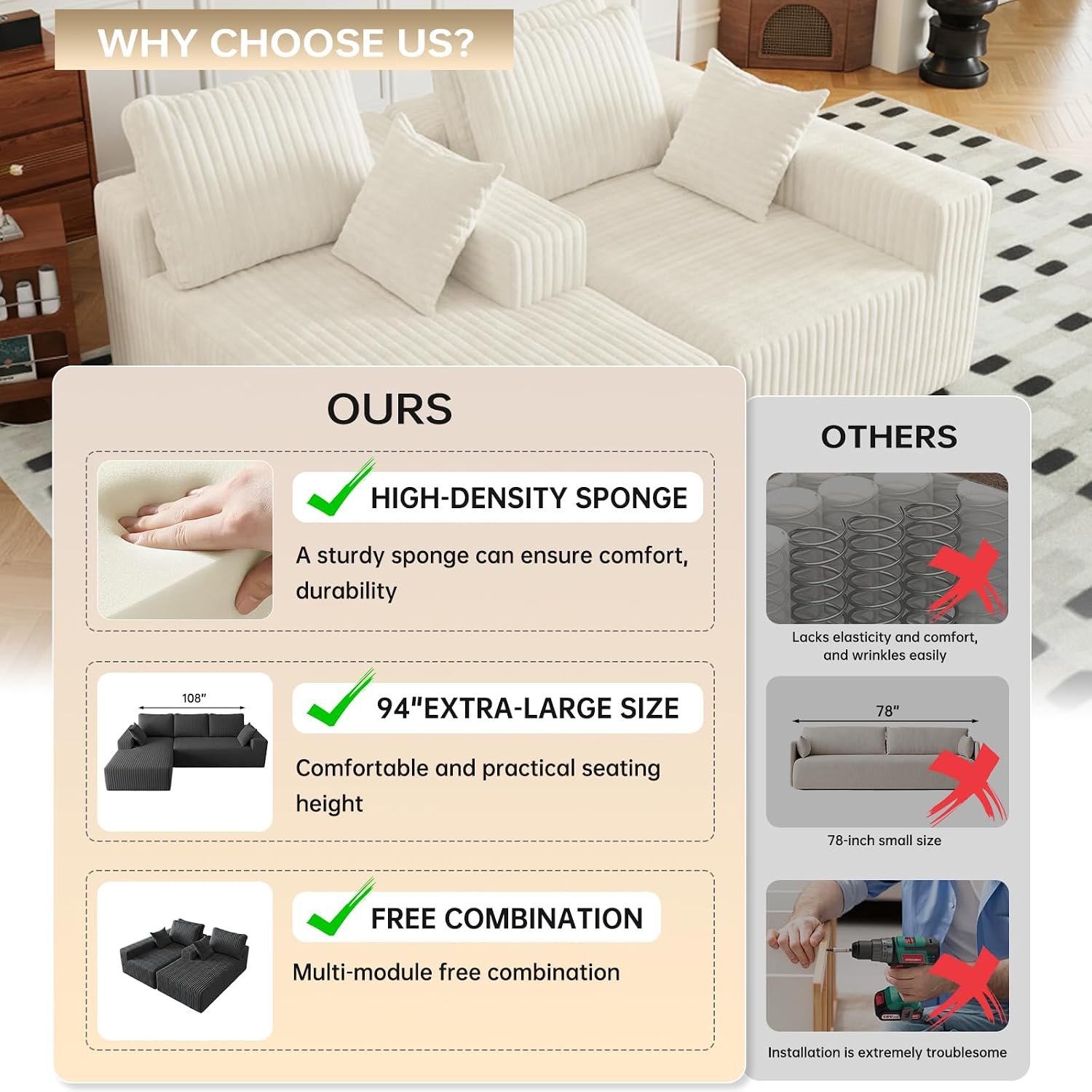 96' Modular Sectional Cloud Couch for Living Room Deep Seat L Shapes Boneless Couch with Oversized Chaise Lounge, Comfy Memory Foam Flannel Fabric Sofa for Bedroom Apartment, No Assembly Required