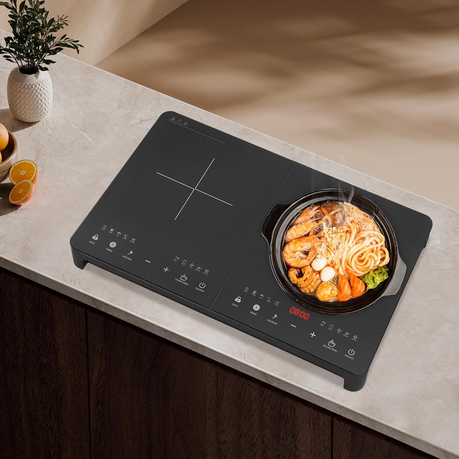 Double Induction Cooktop 2 Burner 2000W Electric Cooktop, Dual Electric Burner Countertop Stove with 2 Hour Timer, Independent Control, Child Safety Lock