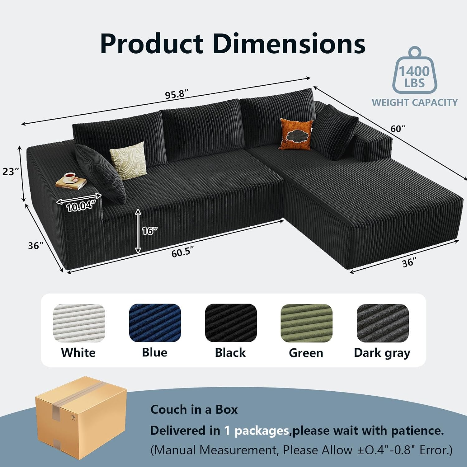 96' Cloud Sectional Couch with L-Shape Chaise, Modern Corduroy Boneless Couch for Living Room,Memory Foam Sofa with Deep Seat,No Assembly Required (Black,Right-Facing Chaise)