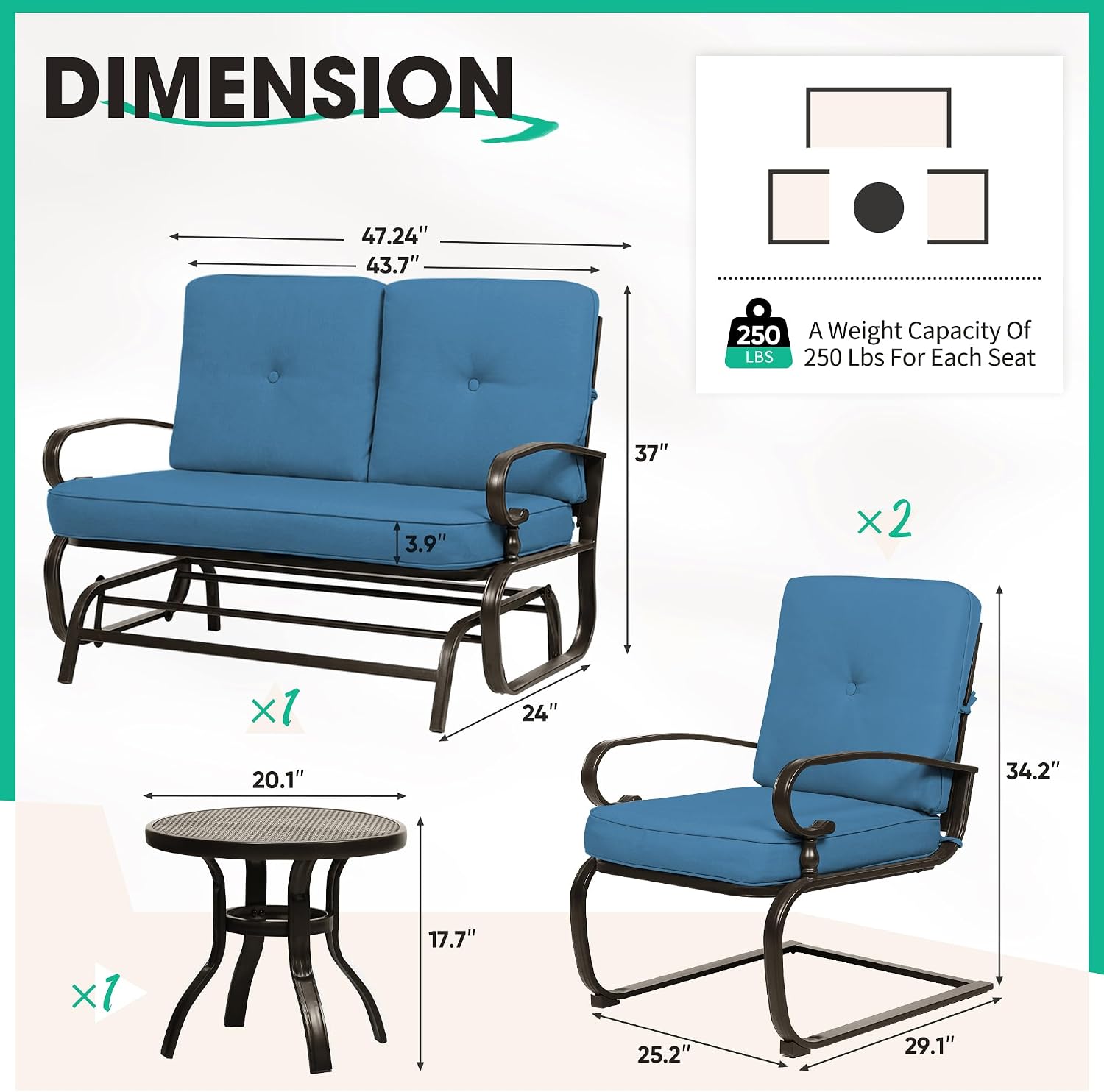 Incbruce Patio Conversation Sets - Outdoor Metal Furniture Set (Peacock Blue, Wrought Iron, 4Pcs Including Glider, Bistro Table, 2 Spring Lounge Chairs)