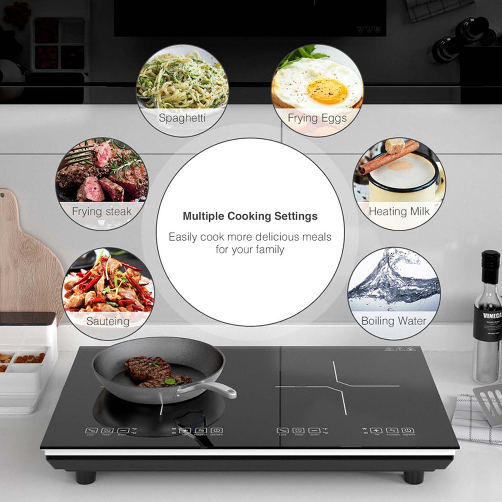Portable Induction Cooktop with 2 Burners, 400W-2000W Power Settings, Touch Controls, Child Safety Lock and Timer, for Kitchen/Dining