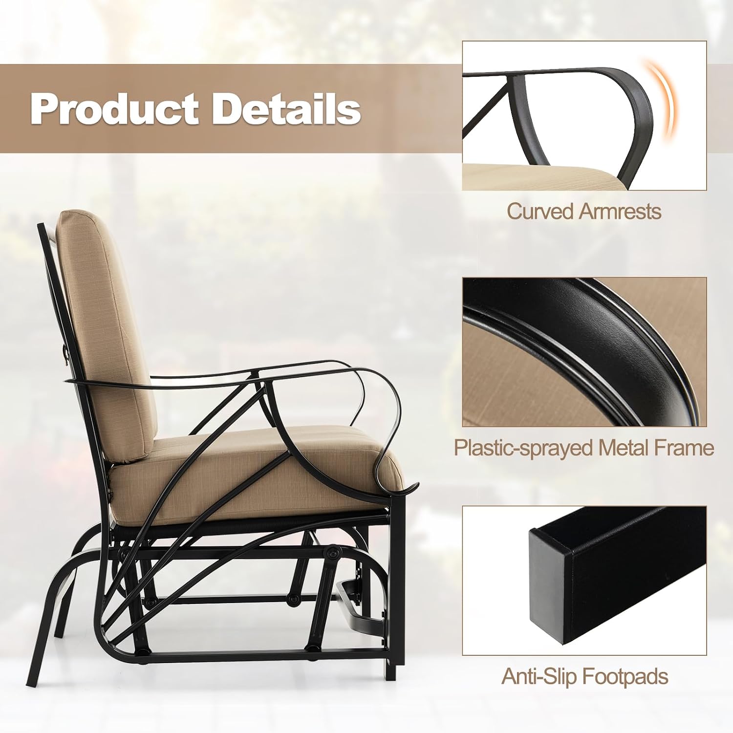 Tangkula Outdoor Patio Glider, Metal Framed Gliding Chair with Cushion, Ergonomic Single-Person Outdoor Patio Chair with Curved Armrest, Smooth Rocking Arms for Porch, Patio (2)