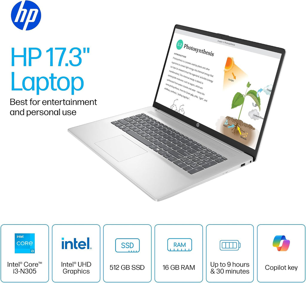 HP 17 Laptop Computer 2025 for Business Students, 17.3' FHD Display, Intel 8-Core Processor, 16 GB RAM, 512 GB SSD, Windows 11 Pro, Copilot AI, Up to 9.5 Hours Battery, Wi-Fi 6, BT 5.4, w/Accessories