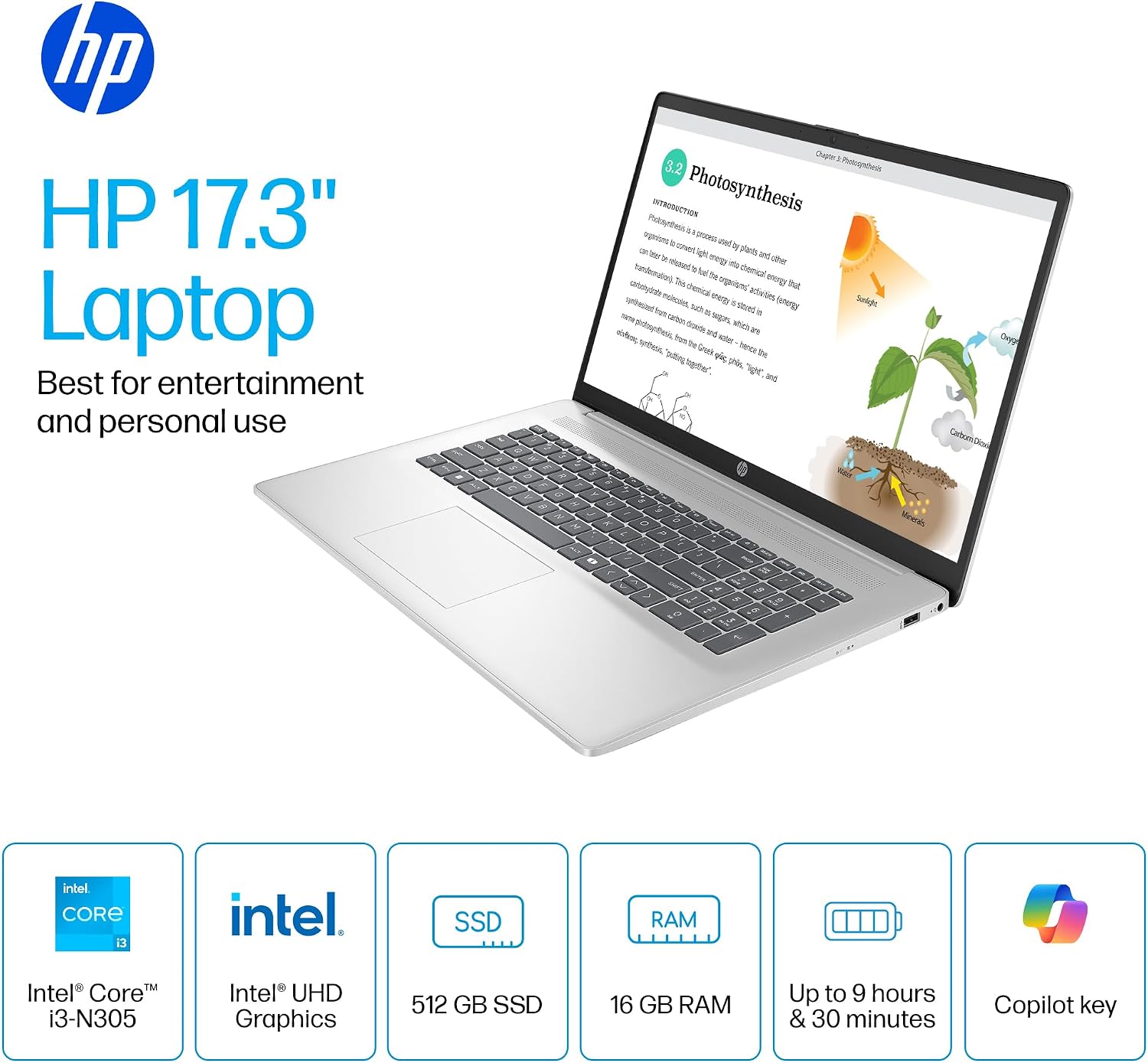 HP 17 Laptop Computer 2025 for Business Students, 17.3' FHD Display, Intel 8-Core Processor, 16 GB RAM, 512 GB SSD, Windows 11 Pro, Copilot AI, Up to 9.5 Hours Battery, Wi-Fi 6, BT 5.4, w/Accessories