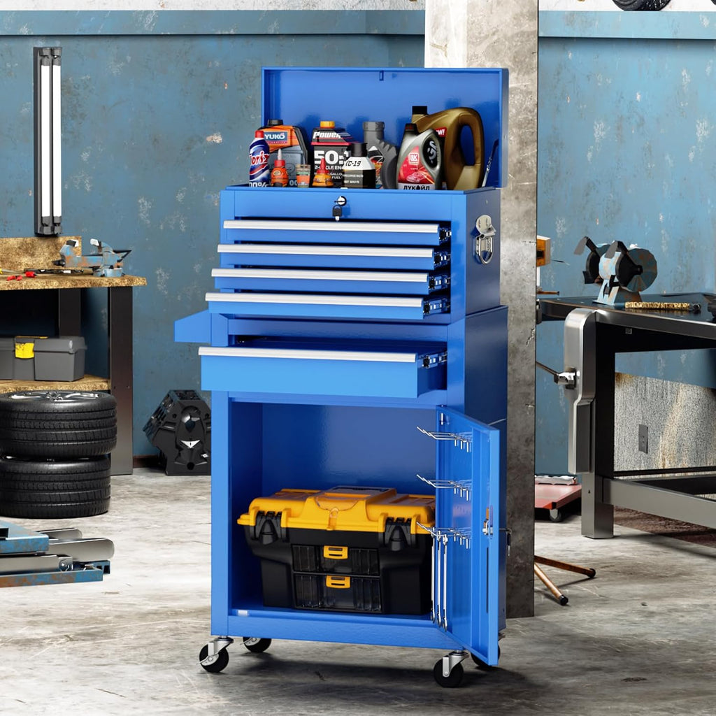 Crownland 5-Drawer Rolling Tool Chest with Wheels, Lockable 2 in 1 Detachable Tool Cabinet wit Drawers and Black Liners, Garage Top Toolbox & Bottom Storage Cart with Side Hooks(Blue)