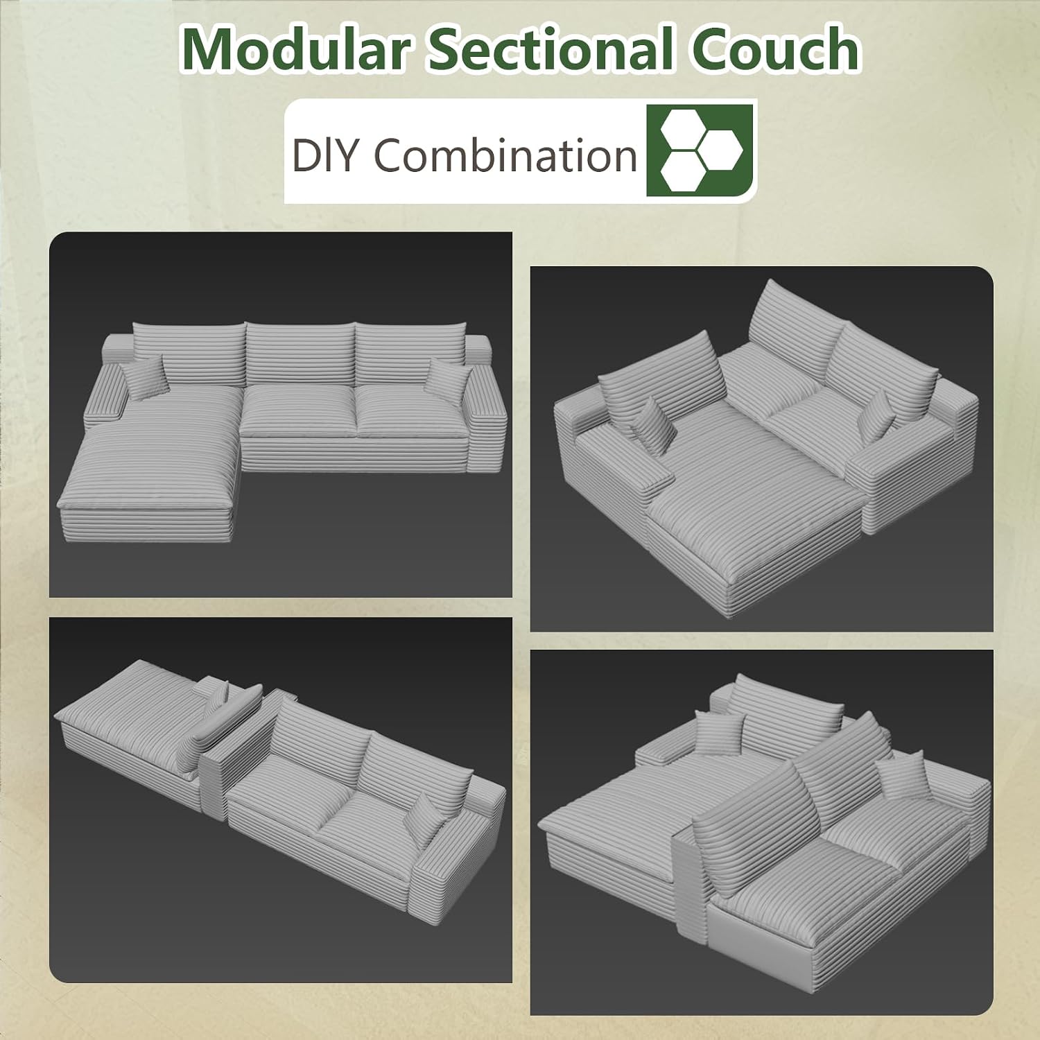 107' Cloud Couch Modular Sectional Sofa for Living Room, L-Shape Boneless Couch with Deep Seat, Modern Corduroy 3-Seater, No Assembly Required (Black,Left-Facing Chaise)