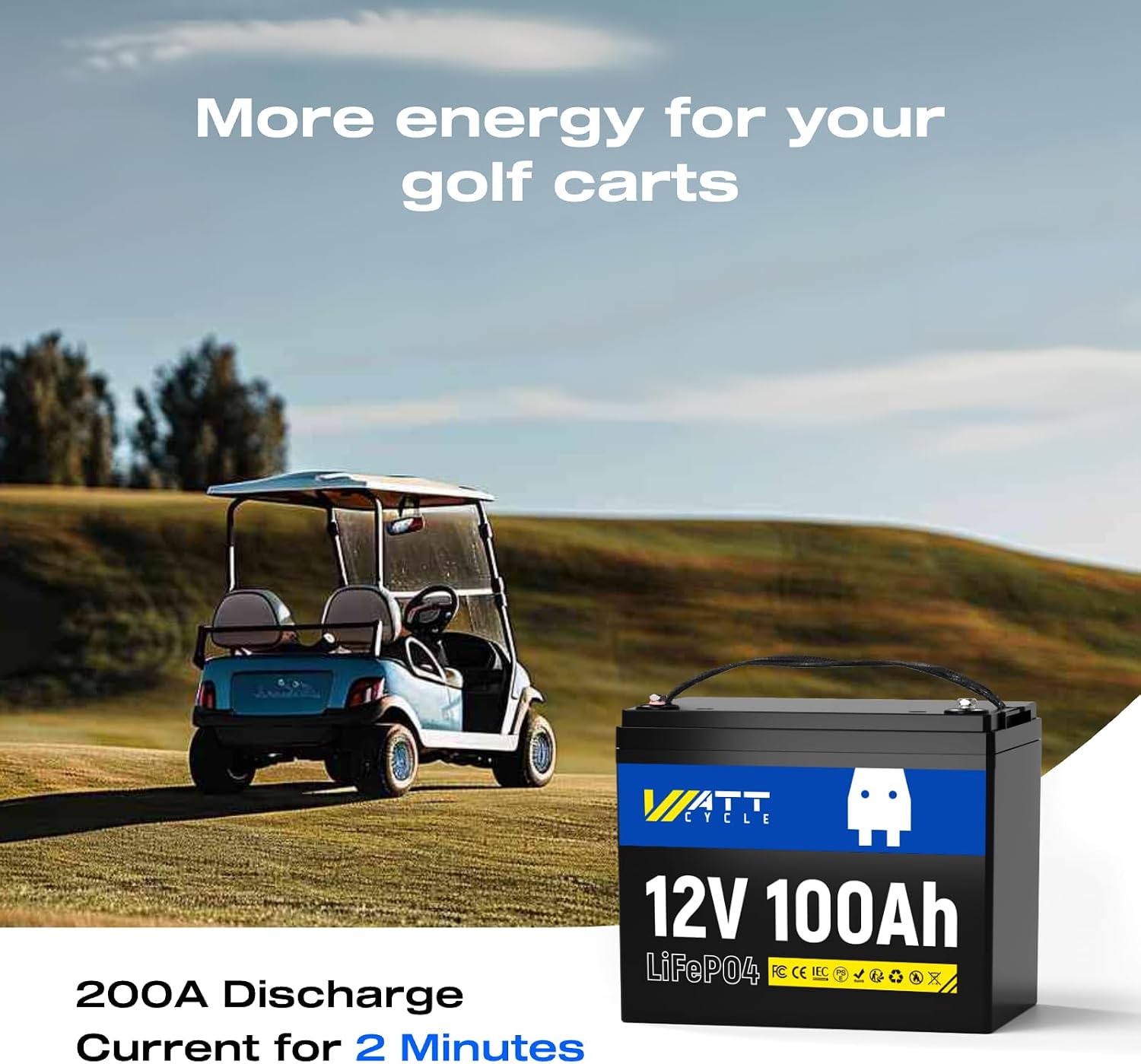 Wattcycle 12V 100Ah LiFePO4 Lithium Battery - BCI Group 24, 15000 Cycles, Built-in 100A BMS, Low-Temperature Protection - Ideal for RVs, Golf Cart, Home Energy Storage, Boats and Marine Applications