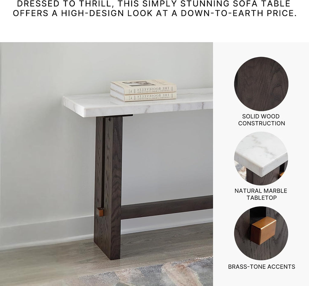 Signature Design by Ashley Burkhaus Traditional Rectangular Sofa Table with Marble Tabletop, Dark Brown & White