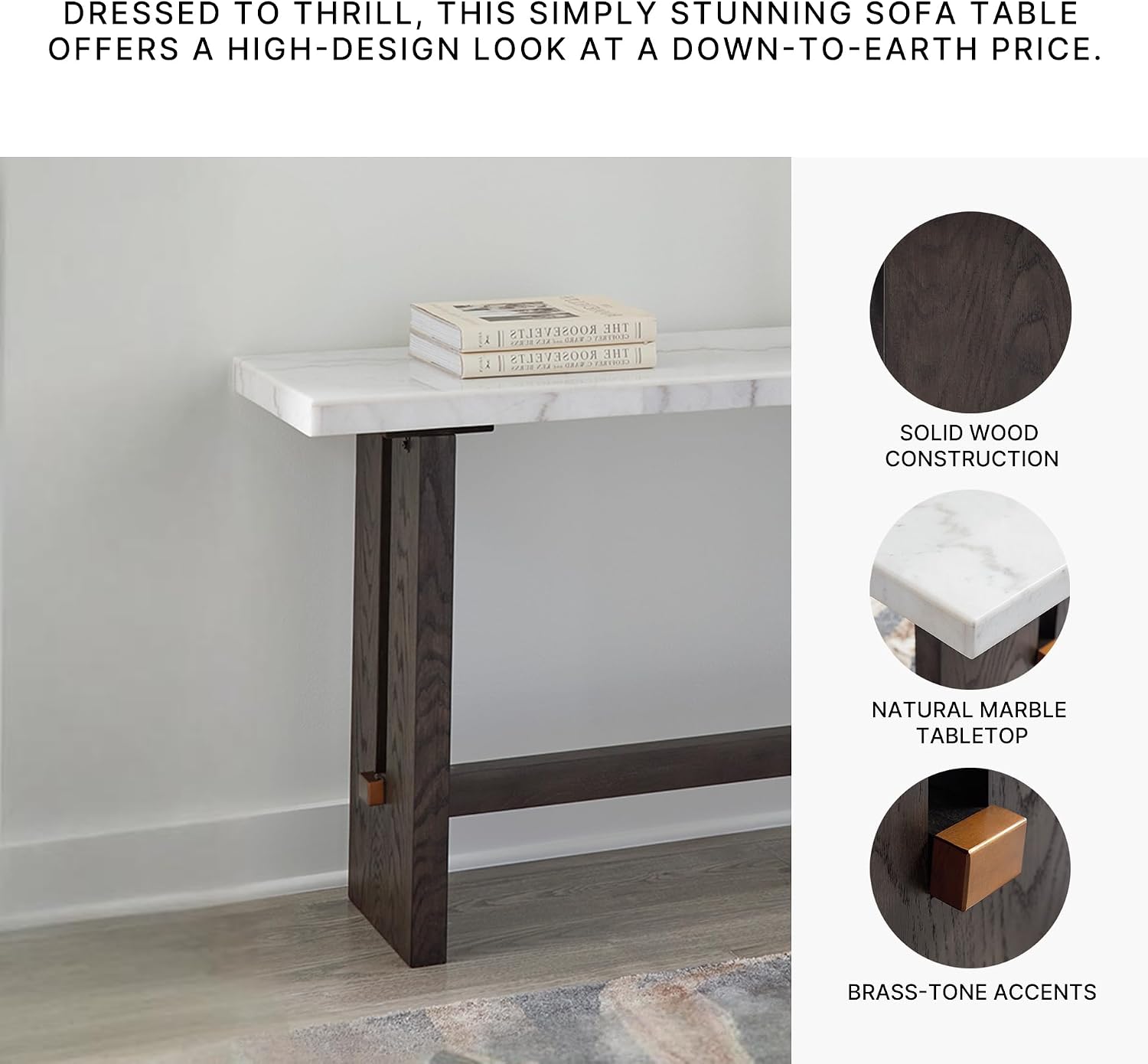 Signature Design by Ashley Burkhaus Traditional Rectangular Sofa Table with Marble Tabletop, Dark Brown & White