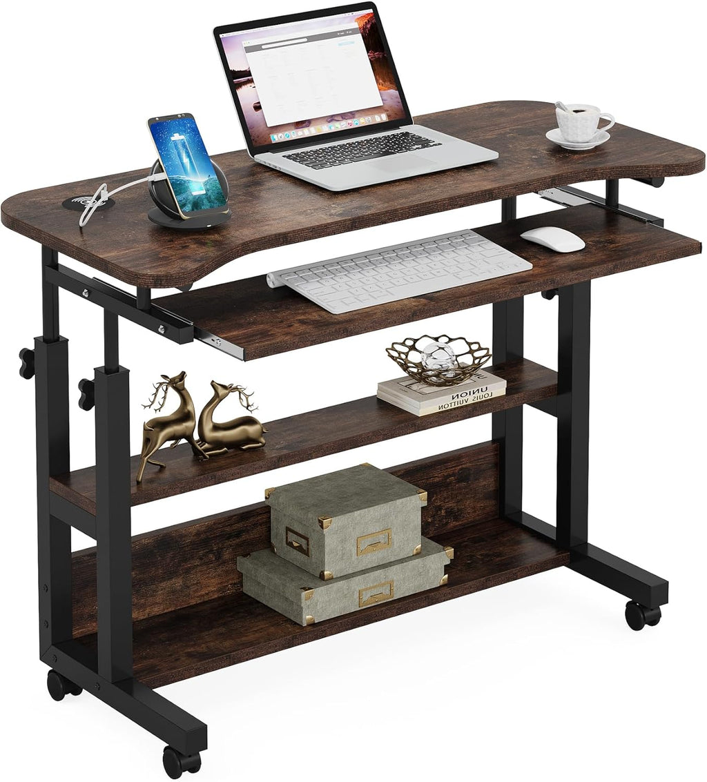 Tribesigns Portable Desk with Power Outlets, Height Adjustable Side Table Sofa Couch Bedside Laptop Computer Cart with USB Charging Ports, Mobile Small Standing Desk with Keyboard Tray