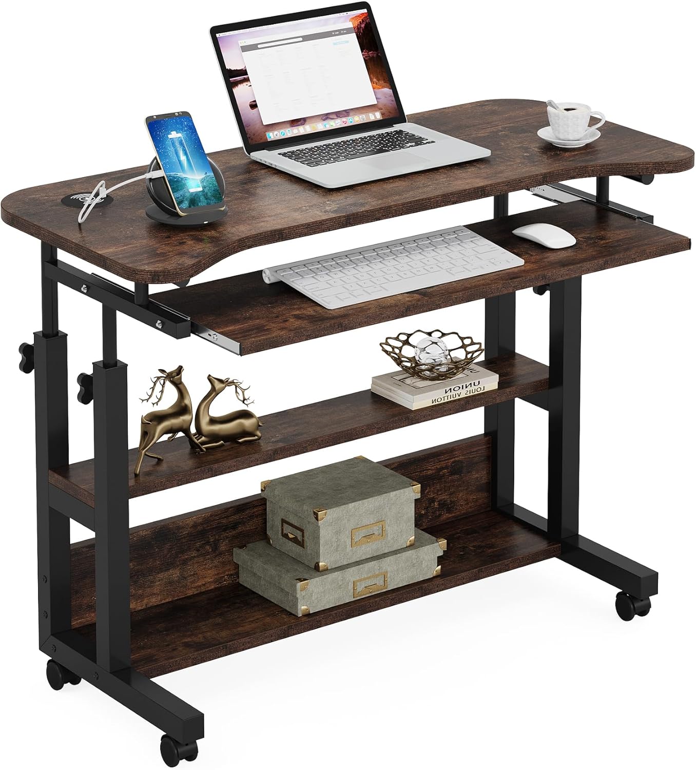 Tribesigns Portable Desk with Power Outlets, Height Adjustable Side Table Sofa Couch Bedside Laptop Computer Cart with USB Charging Ports, Mobile Small Standing Desk with Keyboard Tray