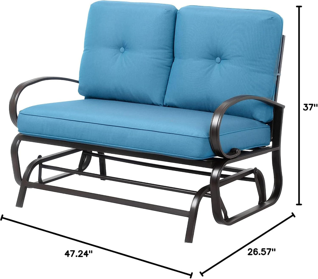 JY QAQA Outdoor Patio Metal Glider Rocking Bench, Garden Porch Furniture Glider, Wrought Iron Chair Set with Cushion, Beige