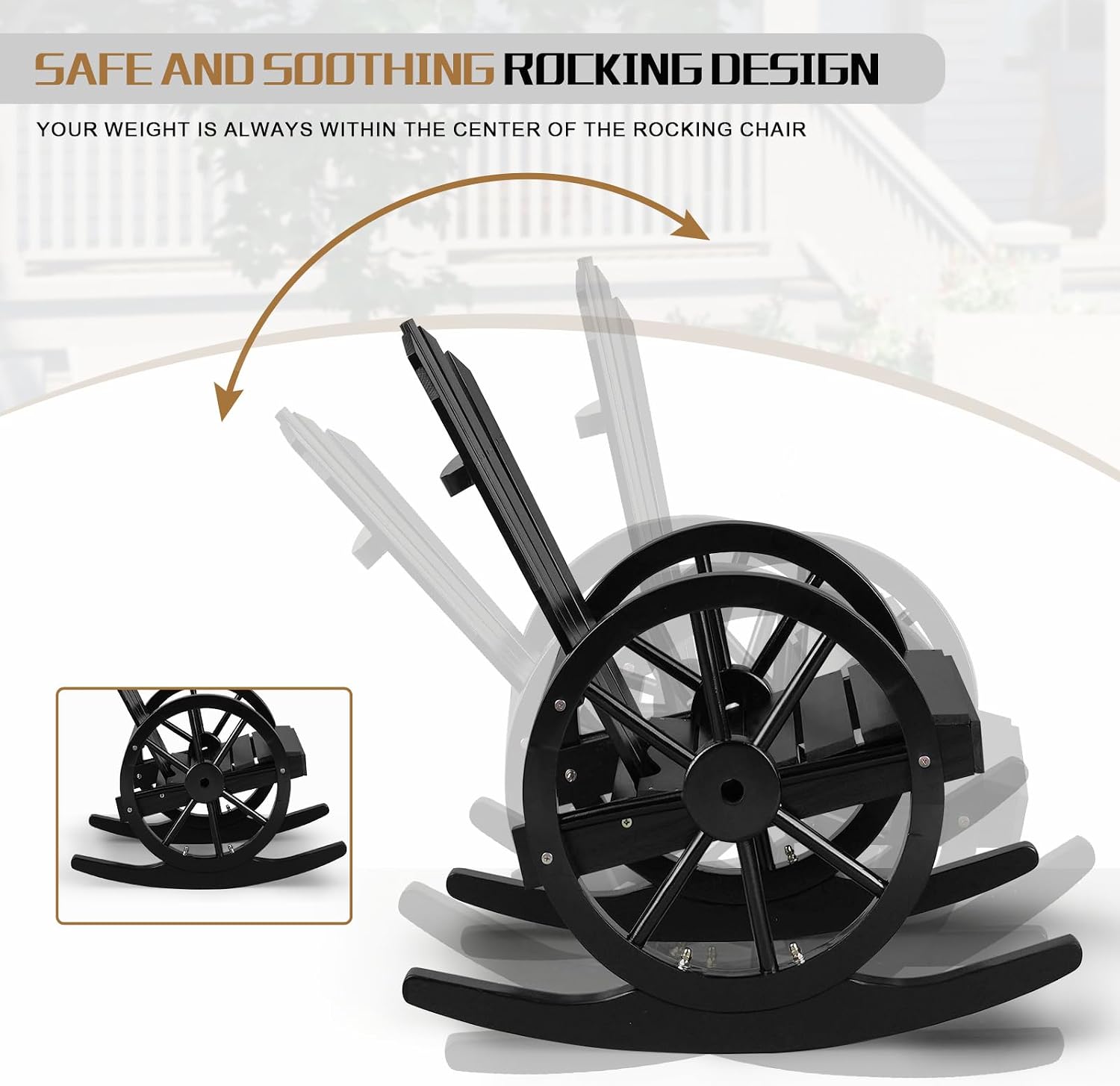 Outvita Adirondack Rocking Chair Set of 2, Wood Wagon Rocker, Outdoor Wooden Carbonized Lounge Chairs with Wheel Armrest for Garden Patio Country Porch(Black