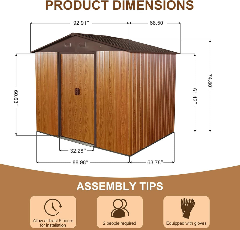 JT 7.5x5.5FT Outdoor Storage Shed with Floor Frame, Metal Garden Shed with Sliding Doors, Waterproof Galvanized Steel Storage House for Backyard Garden, Patio (7.5 x 5.5 FT, Coffee)