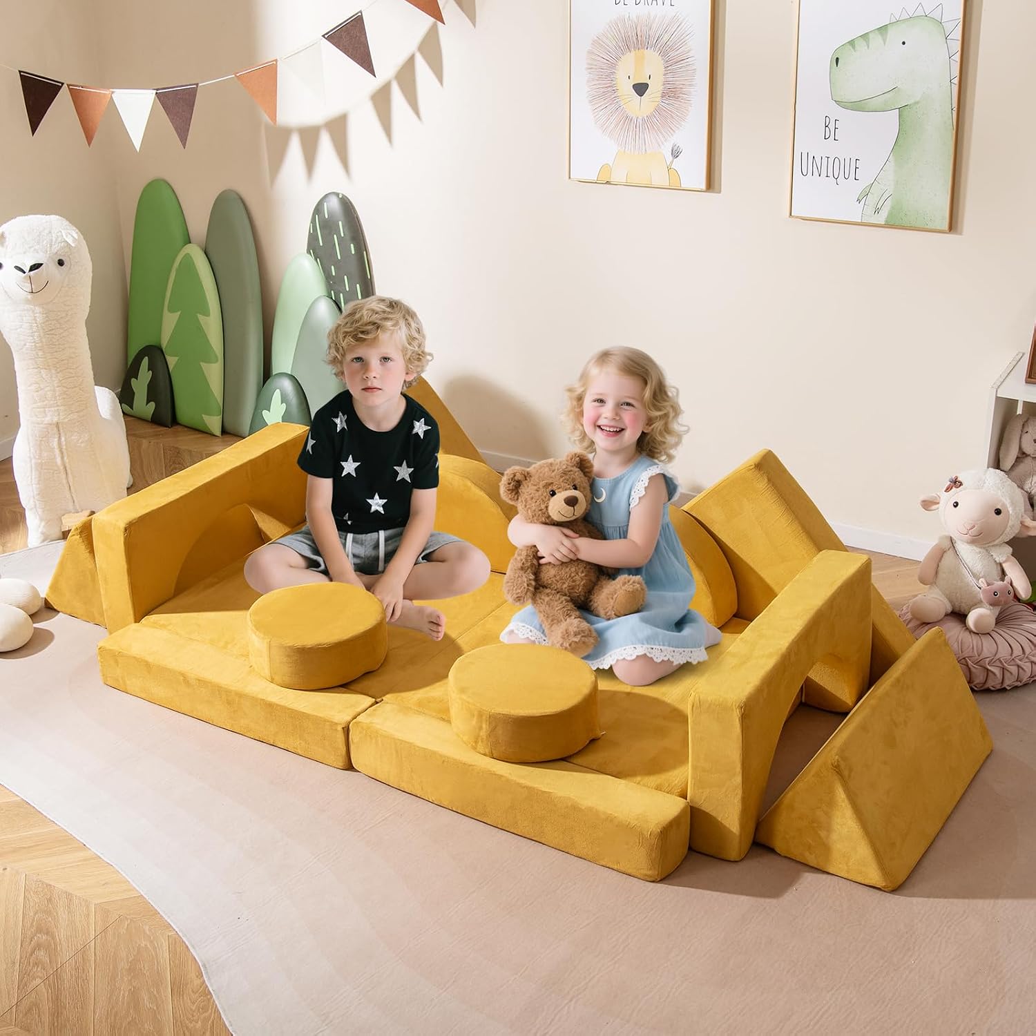 Costzon 14 PCS Modular Kids Play Couch, Child Sectional Sofa, Versatile Toddler Soft Building Blocks Sofa Playset for Playroom Bedroom, Convertible Foam and Floor Cushion for Boys Girls Gifts (Yellow)